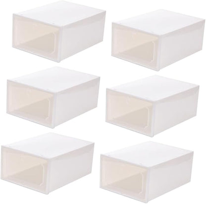 6pcs Large Capacity Plastic Shoe Organizer Boxes with Flip- Design, Stackable Storage Cases for Home Closet Shoes, Pearl White