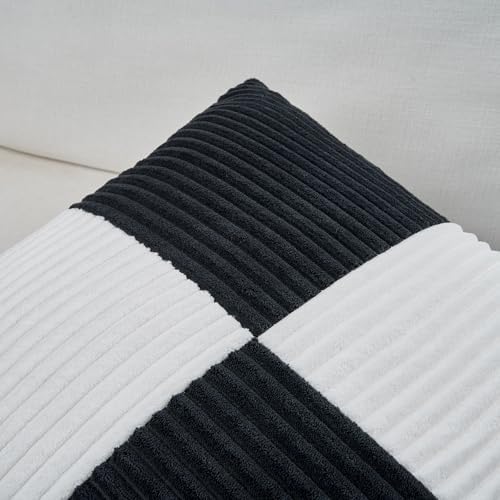 Fancy Homi Set of 2 Black White Decorative Throw Pillow Covers 18x18 Inch with for Couch Bed Sofa Living Room, Soft Cross Patchwork Striped Corduroy Modern Square Cushion Case 45x45 cm - Image 3