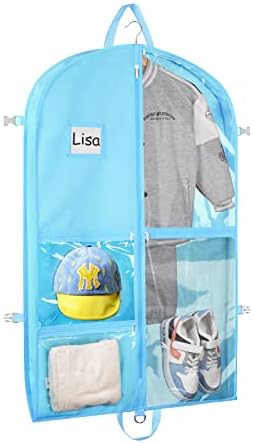 Zilink Clear Dance Costume Bags 40 Inch Garment Bag for Boys Girls with 5 Clear Zipper Pockets for Dance Costumes Closet Storage, Blue