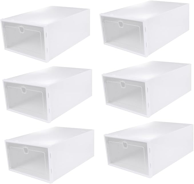 6pcs Stackable Transparent Shoe Storage Boxes with Drawer Design Thickened PP Plastic Organizer for Sneakers Heels Boots Protective Versatile White Frame Containers for Closet and