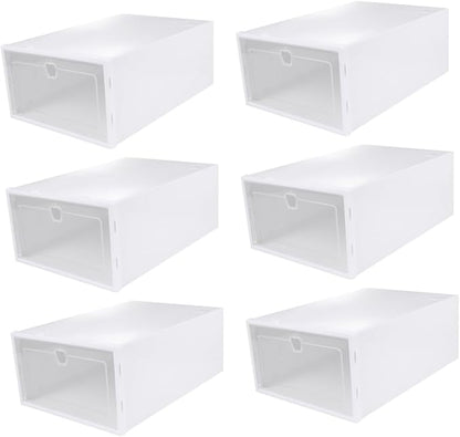 6pcs Stackable Transparent Shoe Storage Boxes with Drawer Design Thickened PP Plastic Organizer for Sneakers Heels Boots Protective Versatile White Frame Containers for Closet and