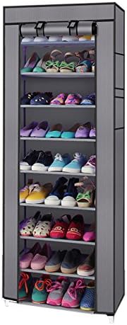 MallMall 10 Tiers Shoe Rack with Dustproof Cover Closet,30-Pair Shoes Rack Storage Cabinet Organizer (Gray)