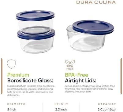 6-Piece Glass Food Storage Containers Set (3 Containers + 3 BPA-Free Lids) | 2-Cup, Leakproof | Microwave, Freezer, Oven & Dishwasher Safe | Ideal for Meal Prep & Pantry Organization, Blue