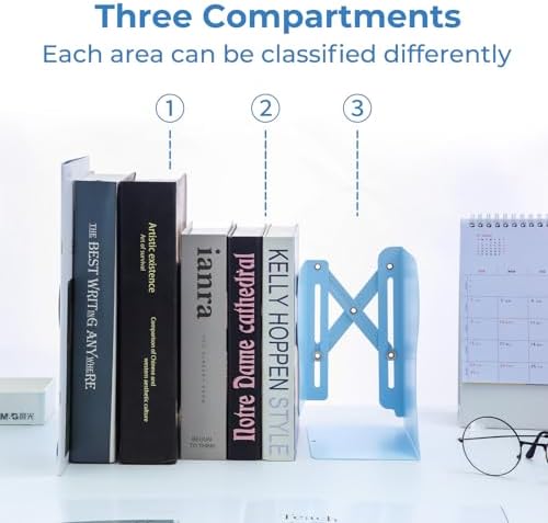 M&G Adjustable Bookends Book Ends for Shelves, Metal Bookend for Heavy Books, Desk Magazine File Organizer Holder Extends up to 20in, Book Stopper for Home, Office, Classroom (Blue) - Image 3
