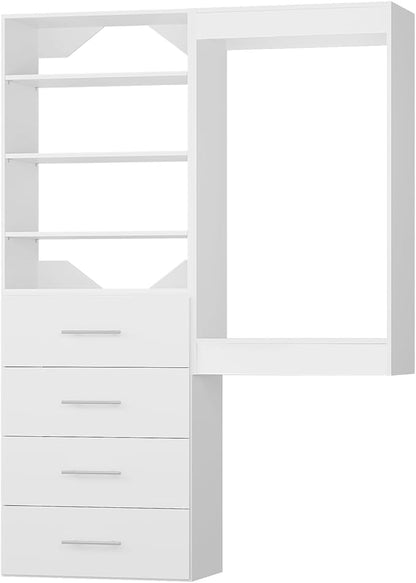 ROOMTEC Modular Closet System, 61" Wall-Mounted Closet Organizer with Drawers and Hanging Rods, Wooden Tower for Walk-In Closets, Wardrobe Storage Kit, White