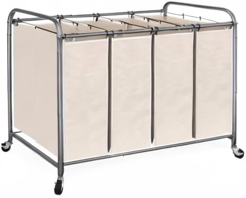 STO STO Laundry Sorter 4 Section, 4 Bag Clothes Hamper, Rolling Laundry Cart Basket with Heavy Duty Lockable Wheels and Removable Bag for Laundry Room, Bedroom, Closet, Beige