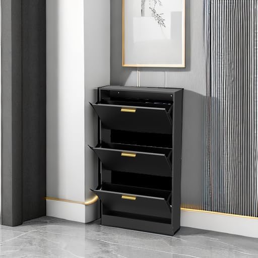 JOZZBY Shoe Cabinet Storage with 3 Flip Drawers for Entryway, Black Slim Freestanding Modern Narrow Shoe Organizer Rack Cabinet for Hallway, Living Room