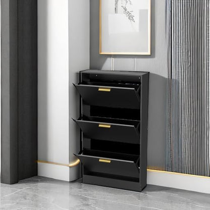 JOZZBY Shoe Cabinet Storage with 3 Flip Drawers for Entryway, Black Slim Freestanding Modern Narrow Shoe Organizer Rack Cabinet for Hallway, Living Room