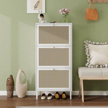 ZeHuoGe Rattan Shoe Cabinet with 3 Flip Drawers, Narrow Hidden Shoe Rack Storage Cabinet for Heels,Slippers, Free Standing Shoe Rack, Entrance Hallway Entryway (White)