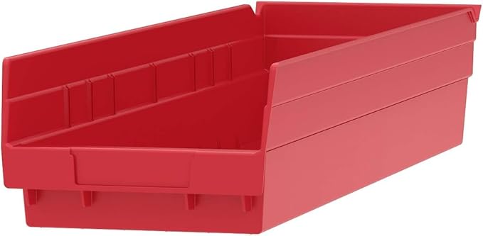 Akro-Mils 30164 Plastic Shelf Bins, Heavy Duty Storage Bins for Garage, Closet, and Drawer Organization, 24-Inch x 6-1/2-Inch x 4-Inch, Red, 6-Pack