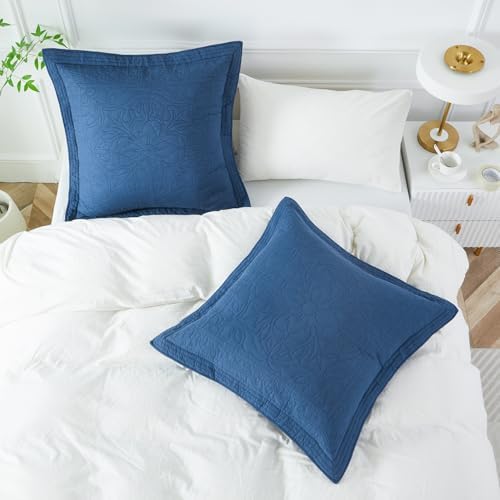 WINLIFE 100% Cotton Quilted Euro Sham Covers, 2 Pack Cotton 26'' x 26'' Pillow Covers, Soft and Breathable Euro Shams, Square Pillow Shams, Navy Blue - Image 2
