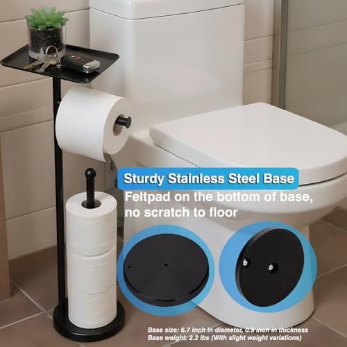 Toilet Paper Holder with Shelf, Freestanding Toilet Paper Stand with Storage Space for Holding Extra 4 Toilet Paper Rolls (Stainless Steel Base, Black) - Image 5