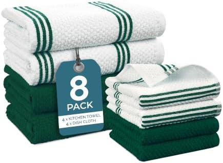 Casa Platino Kitchen Towel Set 8 Pc - 4 Dish Cloths for Washing Dishes (13"x13") & Kitchen Towels (16"x26") - Cotton Rich, Soft, Absorbent Wash Rags, Quick Dry & Durable Tea Towels for Wiping - Olive. by CasaPlatino