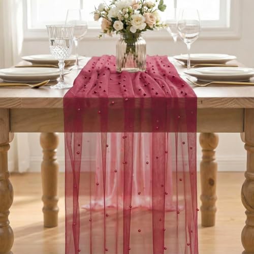 Artoid Mode Pearl Burgundy Gauze Table Runner 10FT Home Decor - Image 2