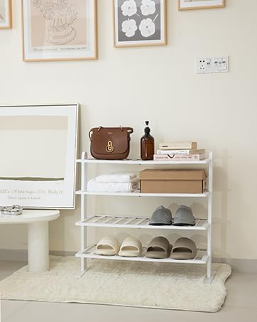 Varhomax White Shoe Rack, 4-Tier Bamboo Shoe Rack Organizer for Closet and Entryway, Thick Wooden Free Standing Shoe Shelf for Small Spaces, Sturdy & Versatile for Bedroom and Garage