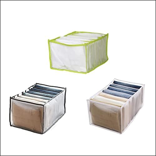 1PC/3PCS Wardrobe Clothes Organizer and Storage Grid For Jeans Drawers and Pants (Green+White+Gray,For Jeans/7 Grids/Medium)