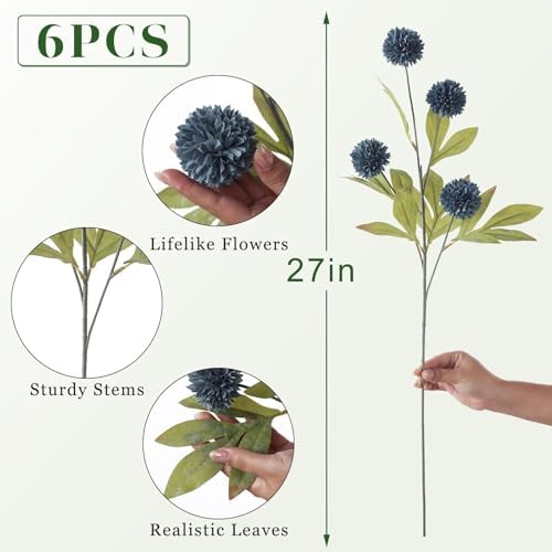 6 Pcs 27"Artificial Pompon Mum Silk Flower Stems for Vase (Dark Blue) - Image 5