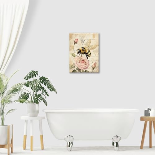 Rustic Bee Bathroom Pictures Wall Art, Vintage Floral Bathroom Wall Decor, Pink Rose Flower Framed Painting Canvas Artwork for Bedroom Living Room Decorations 16" L x 12" W - Image 7