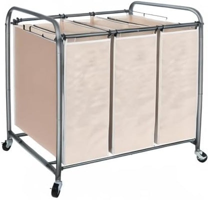 STO STO Laundry Sorter 3 Section, 3 Bag Clothes Hamper, Rolling Laundry Cart Basket with Heavy Duty Lockable Wheels and Removable Bag for Laundry Room, Bedroom, Closet, Beige