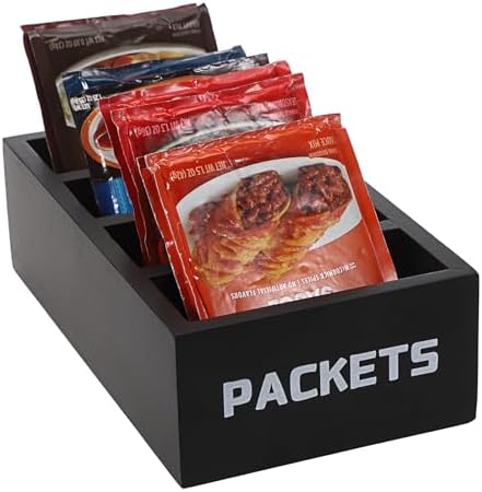 BSTKEY Seasoning Packet Organizer, Food Packet Storage Organizer with 4 Compartments, Black Wooden Storage Caddy for Kitchen Pantry Cabinet, Farmhouse Kitchen Organization Bin for Snacks Spice Packets by BSTKEY