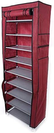 9 Tier Shoe Rack, Space Saving Portable Shoe Rack Storage Organizer, 10 Tiers 9 Lattices Non-Woven Waterproof Fabric Cover Shoe Rack (Wine Red, 10 Tiers 9 Lattices)
