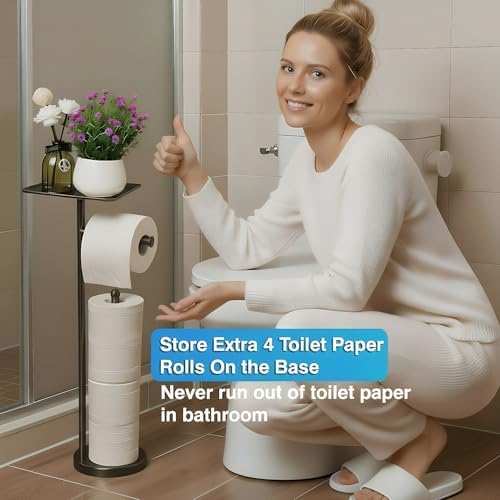 Toilet Paper Holder with Shelf, Freestanding Toilet Paper Stand with Storage Space for Holding Extra 4 Toilet Paper Rolls (Stainless Steel Base, Black) - Image 4