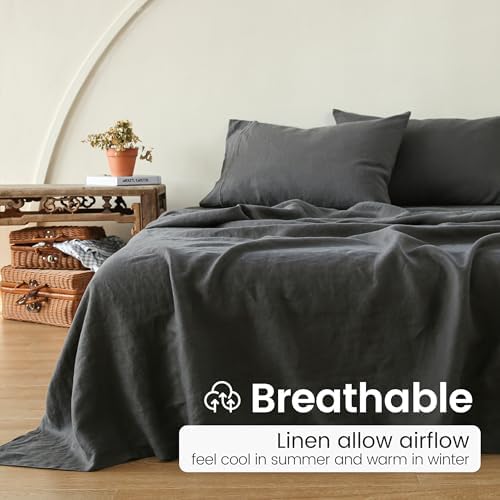 100% French Linen Pillowcases with Embroidery - Pack of 2 - Washed Solid Color Natural Flax Soft Breathable - Dark Grey, 20'' x 30'' - Image 3
