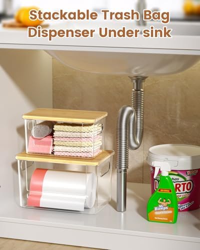Trash Bag Dispenser 2-Pack, Stackable Trash Bag Holder with Bamboo Lid – Clear Plastic Garbage Bag Organizer for 13/30/33 Gal Bags, Space-Saving Under Sink Organizer for Kitchen, Laundry, Pantry - Image 3