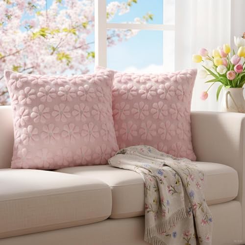 Softalker Spring Decorative Throw Pillow Covers 20 x 20 Inch Set of 2, Farmhouse Summer Floral Daisy Soft Faux Fur Cushion Covers, 3D Pillow Cases for Couch Bedroom Living Sofa Room Home Decor, Pink - Image 2