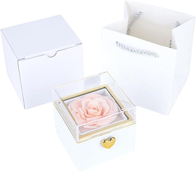 Magic Flip Jewelry Carousel with Heart Button Surprise, Rotating Transparent Gift Box - Bear Cake or Flower Design Organizer for Necklaces & Rings, Birthday Mothers Day Gifts for Women (White Flower)