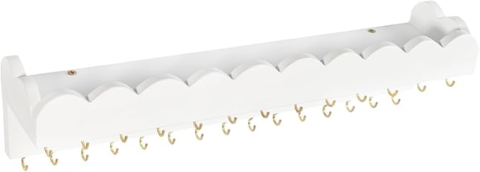 Wall Mount Jewelry Organizer with 28 Hooks and Cosmetics Shelf, Modern Wood Hanging Jewelry Holder for Necklaces, Bracelets, Earrings and Rings, White