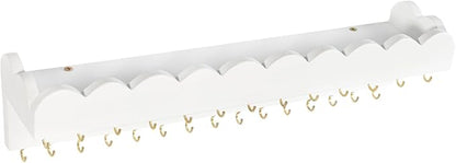 Wall Mount Jewelry Organizer with 28 Hooks and Cosmetics Shelf, Modern Wood Hanging Jewelry Holder for Necklaces, Bracelets, Earrings and Rings, White