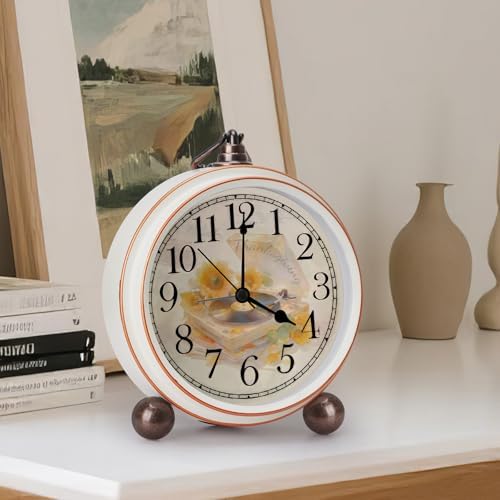 Classic Vintage Table Clock - 5.2in Analog Desk Clock, Silent Non-Ticking Clock with Distressed Metal Frame for Office, Living Room or Bedroom (Turntable) - Image 2