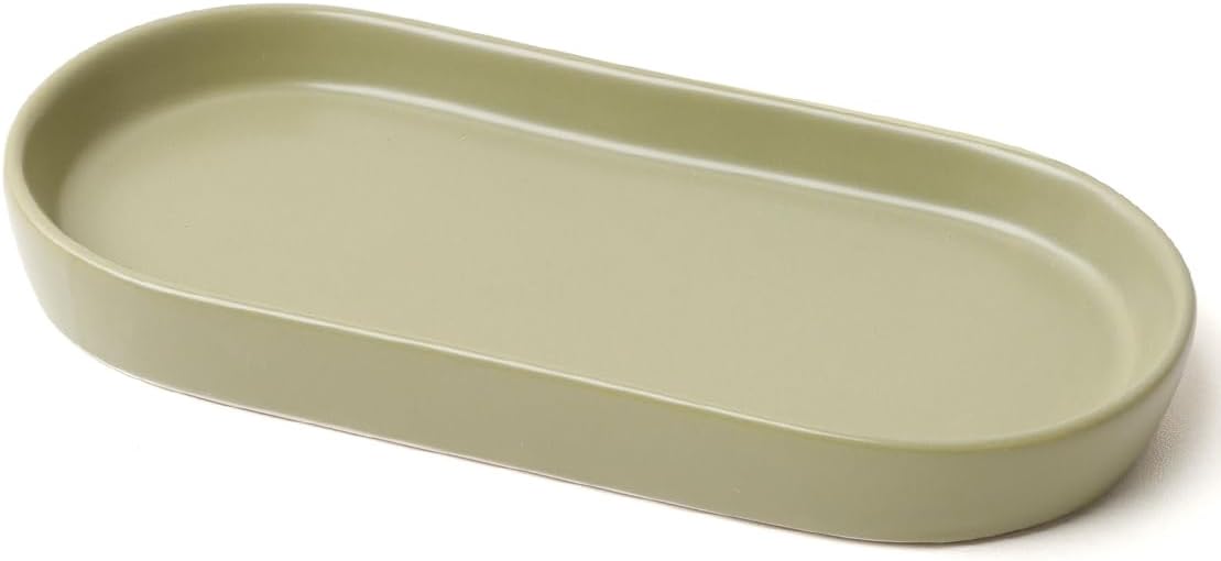 Matte Green Ceramic Bathroom Tray for Countertop, Minimalist Vanity Organizer Dish for Perfume, Jewelry & Soap, Oval Decorative Tray for Bathroom Sink, Dresser, Coffee Bar or Kitchen Counter