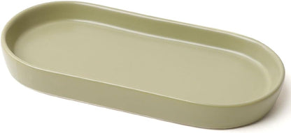 Matte Green Ceramic Bathroom Tray for Countertop, Minimalist Vanity Organizer Dish for Perfume, Jewelry & Soap, Oval Decorative Tray for Bathroom Sink, Dresser, Coffee Bar or Kitchen Counter