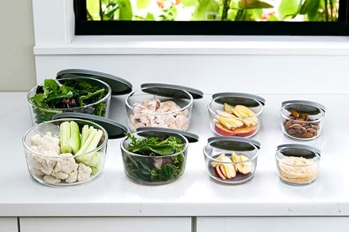 16-Piece Glass Food Storage Containers Set (8 Containers + 8 Lids) | Round, Nesting, Microwave & Dishwasher Safe | BPA-Free, Space-Saving | Grey Lids for Pantry & Kitchen Organization, Grey