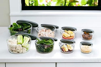 16-Piece Glass Food Storage Containers Set (8 Containers + 8 Lids) | Round, Nesting, Microwave & Dishwasher Safe | BPA-Free, Space-Saving | Grey Lids for Pantry & Kitchen Organization, Grey