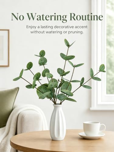 Faux Eucalyptus Stems with White Ceramic Vase for Home Decor - Image 5