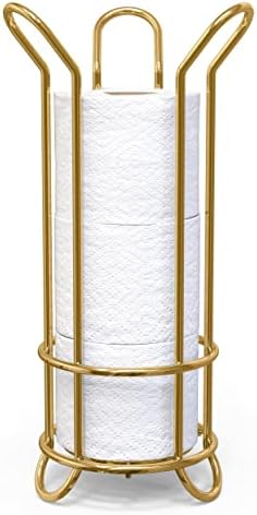 BROOKSTONE Toilet Paper Holder Stand, Modern and Minimal Free Standing Toilet Paper Stand with Storage, Bathroom Tissue Organizer that Holds Mega Rolls - Gold by Brookstone