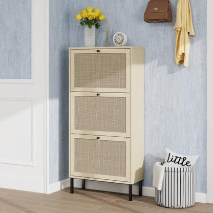 ZeHuoGe Natural Rattan Cabinet with 3 Flip Drawers, Free Standing Modern 3-Tier Shoe Storage Rack for Heels, Slippers, Entrance Hallway Entryway （3 Drawers）