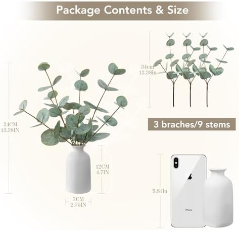 dallisten 13" Artificial Eucalyptus Stem Fake Plants Indoor Small with Vase - Image 2