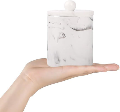 Bathroom Qtip Holder Dispenser with Lid,Vanity Cotton Swab Holder,Resin Cotton Ball Container,Makeup Sponges Cosmetics Canister,Bath Salts Storage Box for Bathroom (Marble White of 2)