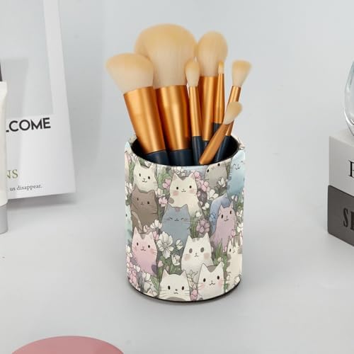 Leather Pen Holder for Desk, Colorful Cats Pencil Cup Pen Organizer Makeup Brush Holder for Office Home Kids Countertop Desk Accessory Storage - Image 6