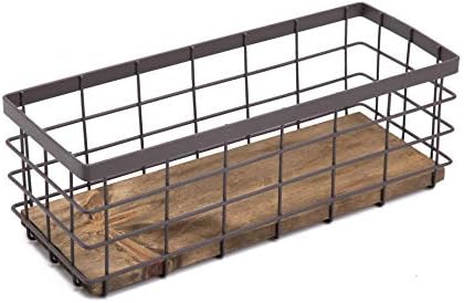 TIEYIPIN Small Metal Wire Storage Basket, Detachable Wood Base Storage Organizer Bin Basket for Kitchen Cabinets, Bathroom, Pantry, Garage, Laundry Room - Brown by TIEYIPIN