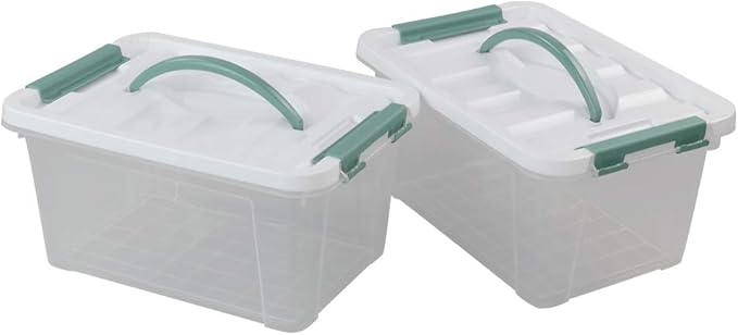 Gloreen 6 Quart Clear Storage Bins with Lid and Green Handle, Multipurpose Stackable Plastic Storage Latches Box/Containers, Set of 2