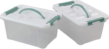 Gloreen 6 Quart Clear Storage Bins with Lid and Green Handle, Multipurpose Stackable Plastic Storage Latches Box/Containers, Set of 2