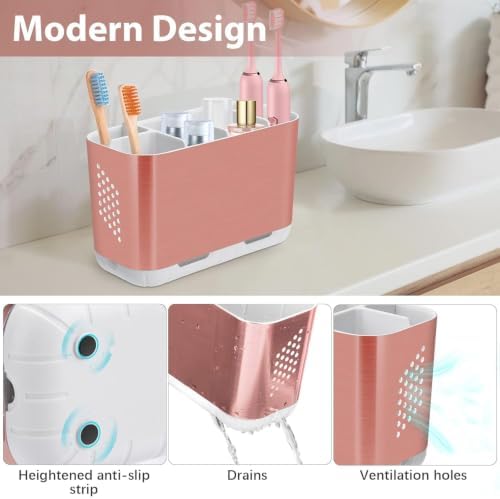 Boperzi Toothbrush Holders for Bathrooms Countertop, Electric Tooth Brush Holder with Adjustable Dividers, Detachable Anti-Slip Large Toothpaste Caddy Organizer Storage for Shower, Family, Kids, Pink - Image 3