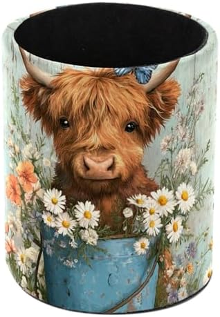Faux Leather Pen Holder for Desk, Pencil Organizer Highland Cow and Bucket Pen Cup Desk Decor Makeup Brush Holder Storage for Office Home by DragonBtu