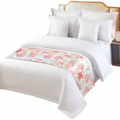 Red Orange Coastal Bed Runner for King Size Bed, Bedspread Protector Slipcover Bed Scarf for Foot Bed Runners & Scarves for Bedroom Hotel Wedding Room 102x20 Sea Turtle Nautical Coral Summer Beach - Image 2