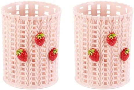 PATIKIL Pencil Holder, 2 Pack Plastic Pen Holder for Desk Cute Pencil Holders Strawberry Cup Organizer Mesh Makeup Brush Holder Stationery Storage, Pink by PATIKIL